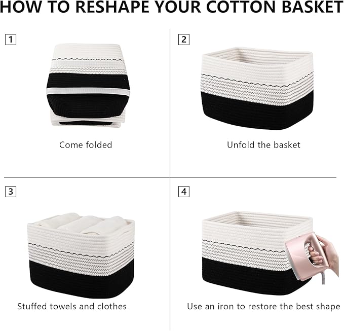 4 Pack Storage Baskets for Organizing, 13"X9"X7.87", Decorative Cotton Rope Baskets for Shelves, Small Woven Basket for Toys, Books and Towels, Black & White