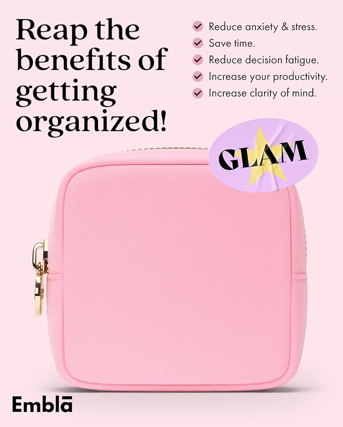 Embla Small Makeup Bag for Purse, Mini Waterproof Nylon Cosmetic Pouch, Durable and Lightweight Travel Toiletry Bag with Smooth Zipper, Light Pink