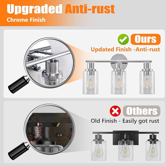 DLLT 3-Light Bathroom Light Fixtures: Chrome Modern Vanity Lights with Clear Glass Shade - Bathroom Wall Lamp for Mirror Kitchen Living Room - 2 Packs