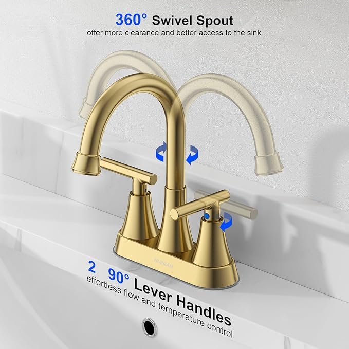 4 inch Brushed Gold Bathroom Sink Faucet with Pop-up Drain and 2 Supply Hoses, Stainless Steel Lead-Free 2-Handle Centerset Faucet for Bathroom Sink Vanity RV