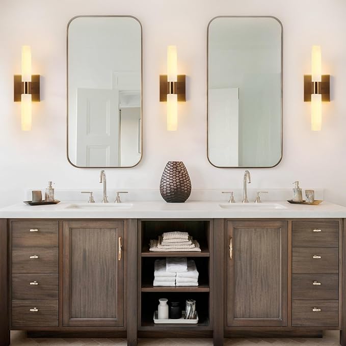 Modern Wall Sconces, Set of 2 Brushed Brass Gold, Frosted Glass Shade, Indoor Wall Mounted Lights, Bathroom Sconces, 36 cm, for Bedroom Wall Lamp