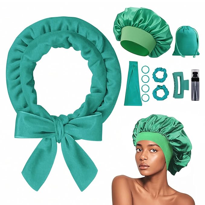 Heatless Curls Overnight Headband, 70'' No Heat Hair Curlers with Hair Bonnet for Sleeping, Blue-Green