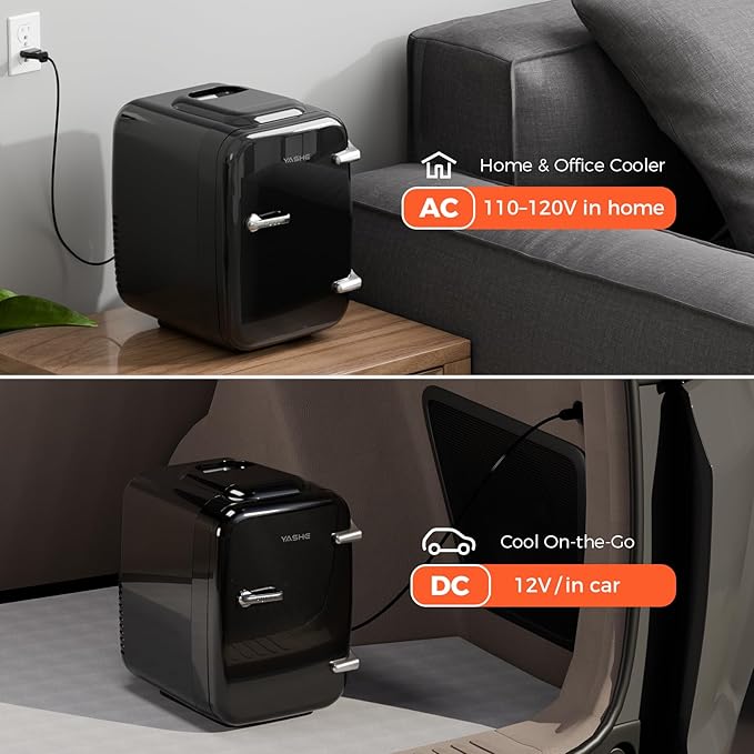 Mini Fridge, 4 Liter/6 Can Mini Makeup Fridge, 110V AC/ 12V DC Portable Thermoelectric Cooler&Warmer for Skincare, Drink, Cosmetic, Medicine, Small fridge for Bedroom, Office, Dorm, Car, Black