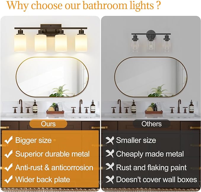 4-Light Bathroom Light Fixtures, Brown and Gold Vanity Lights with Milk Glass Shades, Modern Bathroom Wall Lamp for Mirror Living Room Bedroom Porch