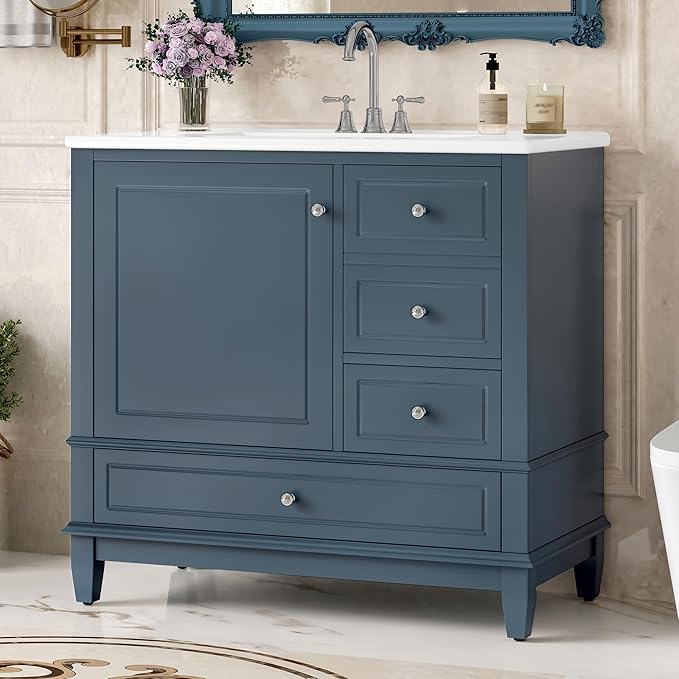 36" Bathroom Vanity with Sink, Harper & Bright Designs Free Standing Single Vanity Set with 3 Drawers and One Door with Storage Racks, Wooden Storage Cabinet with Ceramic Basin for Bathroom, Blue Grey