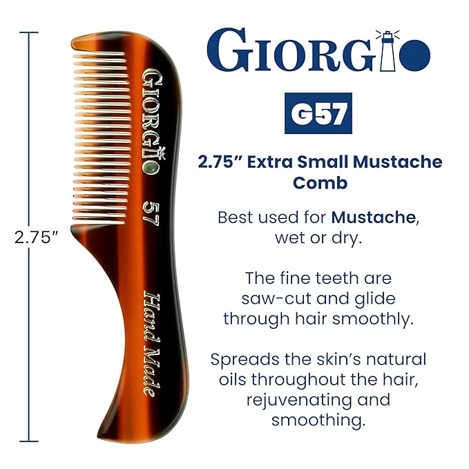 Giorgio G57 Extra Small Men's Fine Tooth Beard and Mustache Comb for Facial Hair Grooming and Styling. Wallet Pocket Comb Beard Comb for Men, Handmade, Saw-Cut and Hand Polished