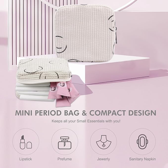 Sanitary Napkin Storage Bag, Corduroy Period Bag for Women, Cute Portable Period Pouch with Zipper, Sanitary Pads Bag Tampons Holder for Purse, First Period
