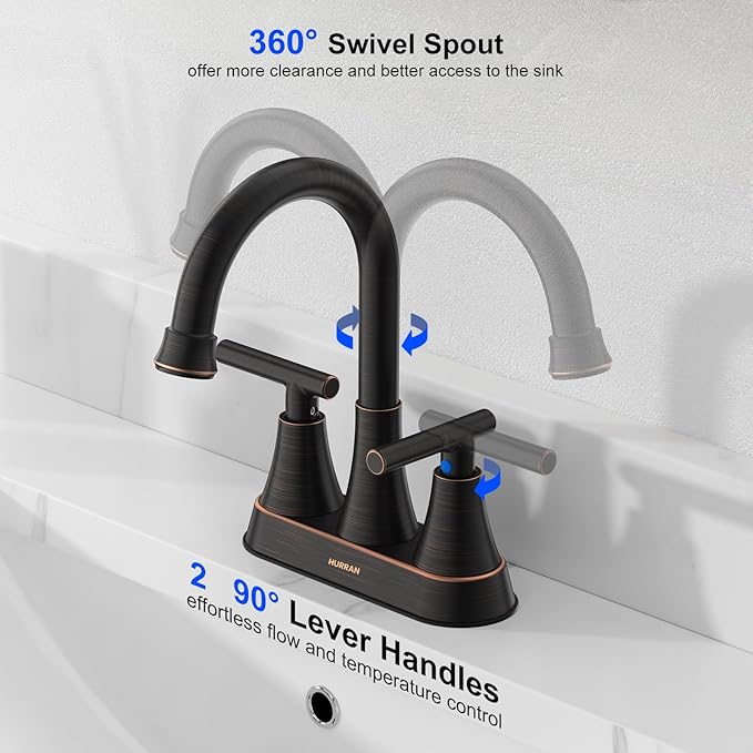 Bathroom Faucets for Sink 3 Hole, Hurran 4 inch Oil Rubbed Bronze Bathroom Sink Faucet with Pop-up Drain and Supply Hoses, Stainless Steel Lead-Free Centerset Faucets for Vanity RV, 2 Pack