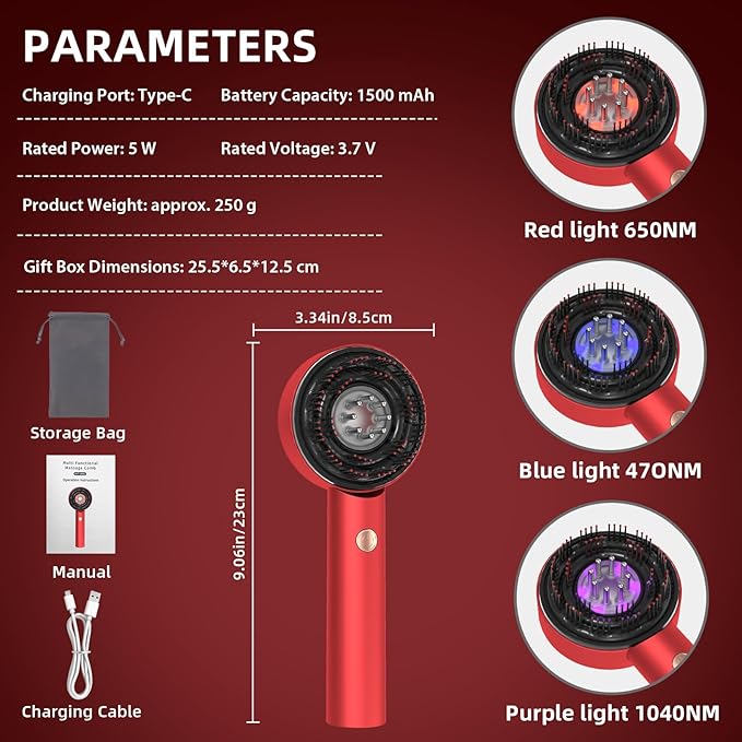 Electric Scalp Massager, 3 in 1 Hair Oil Applicator, Scalp Care Brush, IPX7 Waterproof, Cordless & Portable Scalp Brush for Home & Travel, Red