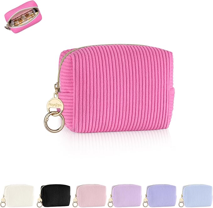 Mini Makeup Bag, Corduroy Small Cosmetic Bag for Purse with Ring Buckle, Portable Travel Makeup Pouch for Lipsticks, Chapsticks, Coin, Earphone, Credit Card (Rose Red)