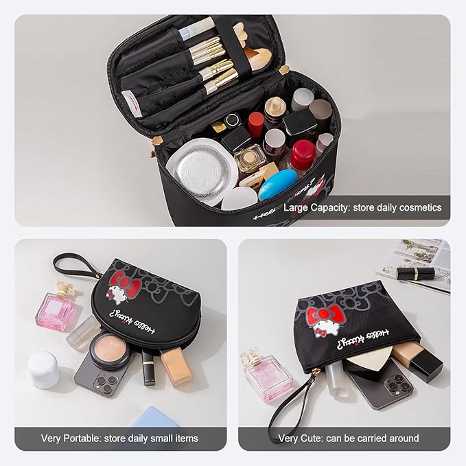 Vimanllie Travel Makeup Bag Large Cosmetic Bags with Brush Holder,Black Waterproof 3PCS Portable Cosmetic Case for Women,Toiletry Bag for Skincare&Beauty Tools for Her