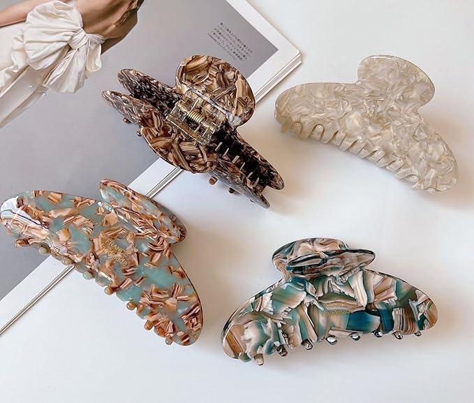 Wenlly large tortoise shell claw clip, 4.1 Inch cellulose acetate hair claw clips, marble non-slip strong hair hold barrettes for women and girls, green