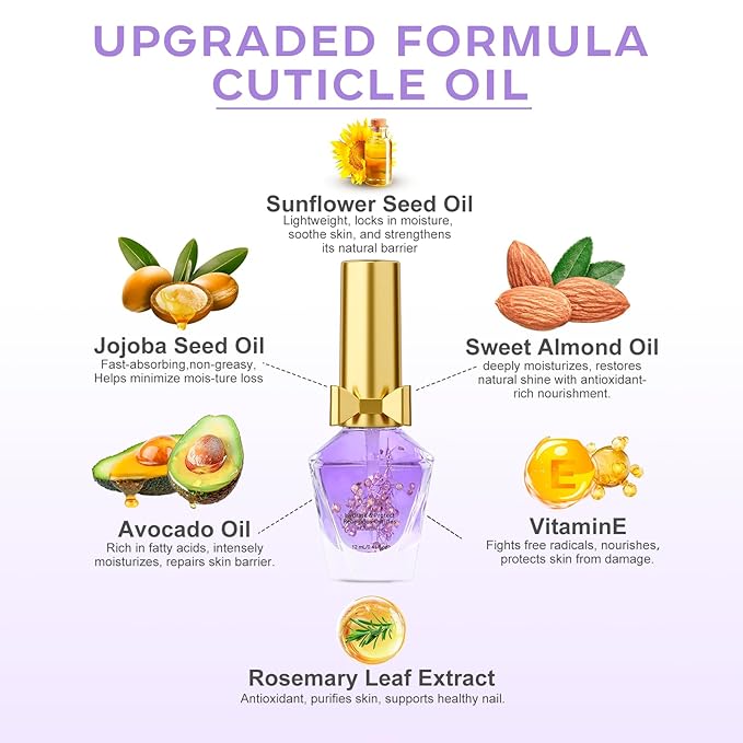 JIASHENG Cuticle Oil, Scented Cuticle Nail Oil Infused with Flowers, Hydrates, Moisturizes, Strengthens, Repairs, Revitalizing Cuticle Oils for Nails Damage Dry Cuticle, Lavender, 12ml