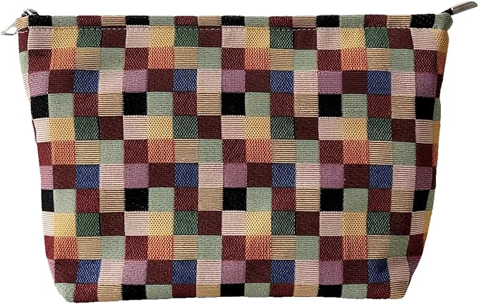 Stylish Checkered Makeup Bag for Woemn, Travel Cosmetic Car Organizer, Tartan Cosmetic Bag, Colorful Squares Zipper Canvas Pouch, Plaid Makeup Pouch for Purse, Gingham Make up Bag, Coquette Gifts