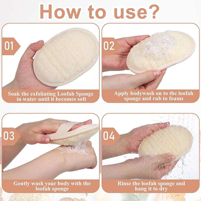 4 Pcs Natural Loofah Sponge, Luffa Exfoliating Body Scrubber for Women Men Bath Loofah for Body and Face Made with Shower Luffa Sponge