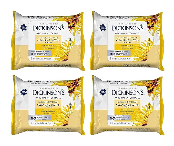 Dickinson's Original Witch Hazel Refreshingly Clean Cleansing Cloths with Aloe, 4 Pack, 25 Cloths per Pack