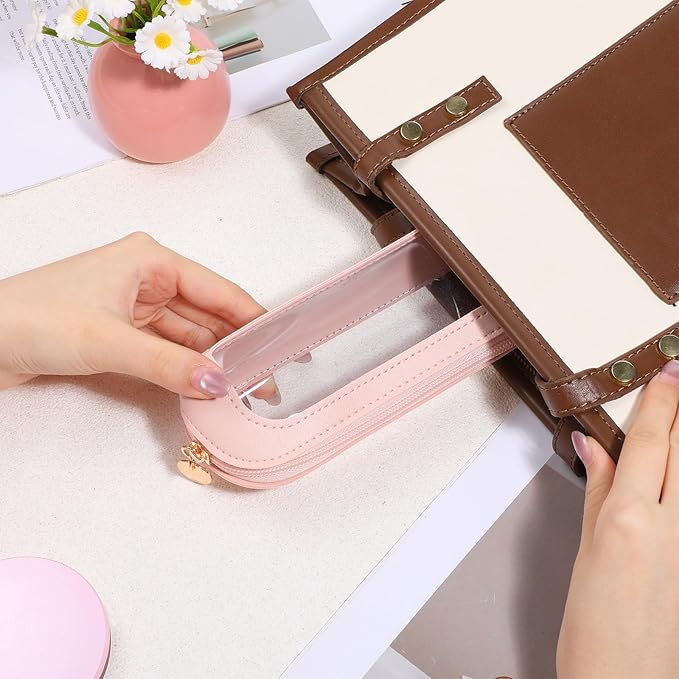 Lusofie Small Clear Makeup Bag, PU Leather Makeup Brush Bag, Portable Clear Make-Up Brush Pouch with Zipper, Multi-use Cosmetic Organizer Bags for Women (Pink)