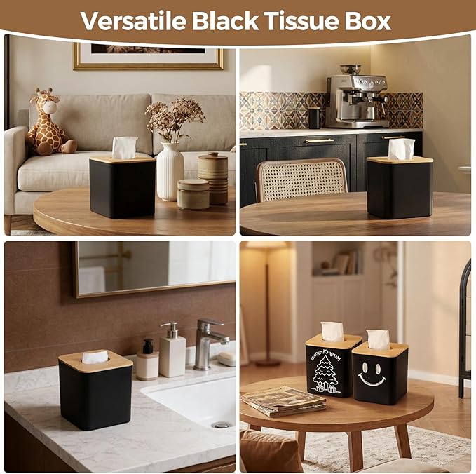 Black Tissue Box Cover, Square Tissue Box Holder with Bamboo Cover Plate, Cube Tissue Box Cover for Desk Accessories, Tissue Holders Decorative Square Tissue Box Tissue Holders for Bathrooms Bedrooms