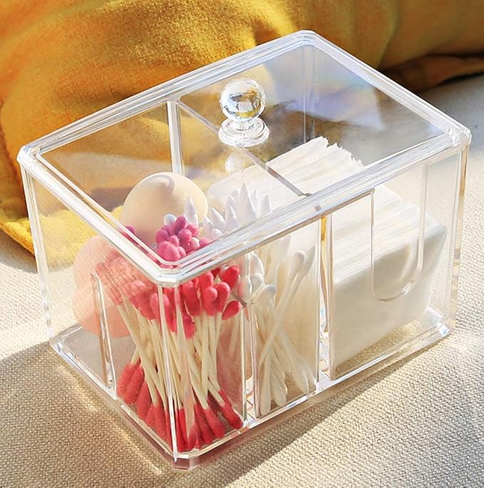 Qtip Cotton Pad Holder Dispenser Cotton Ball and Swab Storage with Lid Clear Acrylic Cotton Round Organizer, 4 Sections
