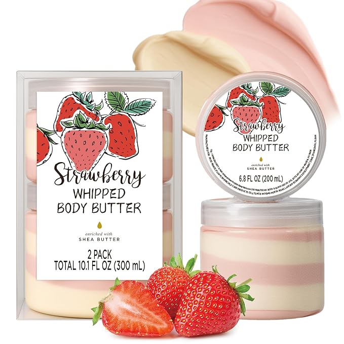 Strawberry Whipped Body Butter, Shea Body Butter for Women Dry Skin, Natural Strawberry Lotion for Body Moisturizer-Deep Moisturizing and Softening-3.4 floz+6.8 floz(100ml+200ml)