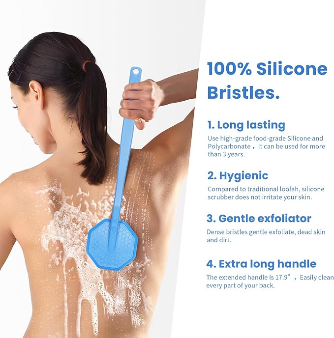 iTokGoK® Silver-Infused Silicone Back Scrubber with Long Handle Back Brush for Shower,Back Brush Long Handle for Men and Women,Ergonomic No-Slip Handle, Long-Lasting (Sky Blue)