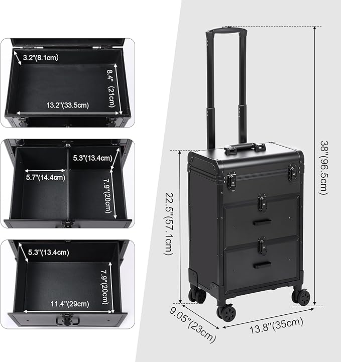 3 in 1 Rolling Makeup Case, Professional Cosmetology Case on Wheels with 2 Drawers, Ideal Gift for Hairstylist, Nail Techs, 3 Tiers Portable Beauty Organizer Case for Travel or Salon Use, Black