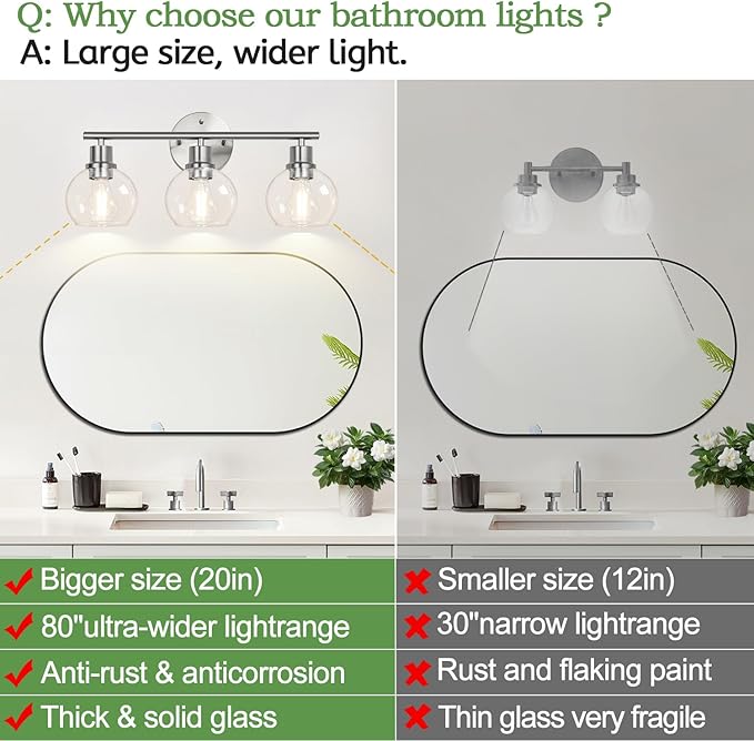 3-Light Bathroom Light Fixtures, Brushed Nickel Modern Vanity Lights Over Mirror with Clear Glass Globe Shade, Bathroom Wall Sconces for Mirror Kitchen Living Room Hallway Cabinet Bedroom Porch