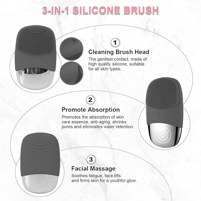 MEGAN Facial Cleansing Brush,USB Rechargeble Electric Silicone Face Scrubber,IPX7 Waterproof Sonic Facial Massager, 3 in 1 face Brush for Deep Cleanning, Blackhead Remover, Exfoliating.（Black）
