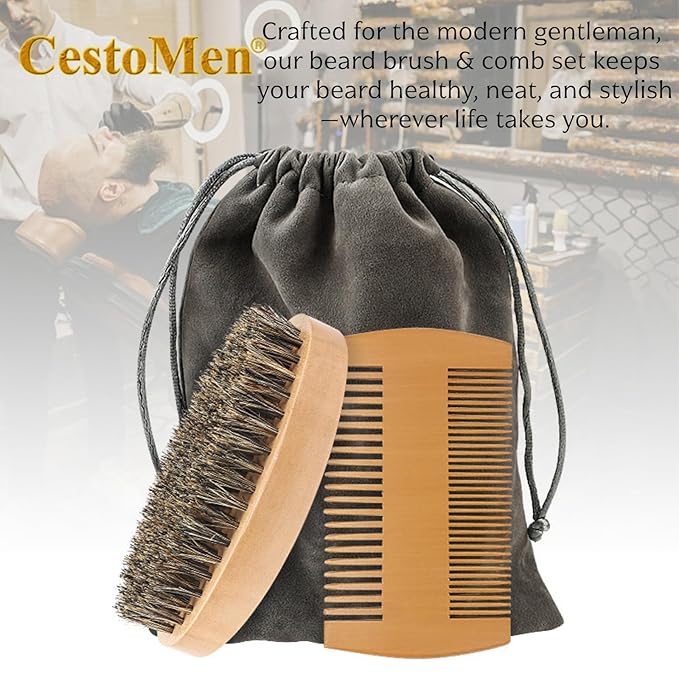 Beard Brush and Comb Set for Men Boar Bristle Beard Brush, Wooden Comb & Travel Pouch White Elephant Gifts, Christmas Stocking Stuffers for Husband Dad Boyfriend Portable Beard Grooming Kit