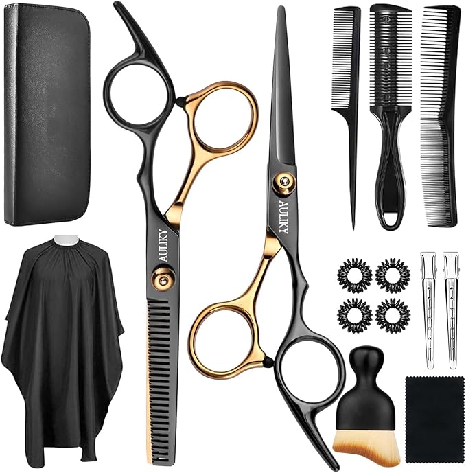 Hair Cutting Scissors Shears Kits, 15 Pcs Professional Stainless Steel Hairdressing Shears Set Thinning Scissors for Barber/Salon/Home/Men/Women/Kids/Adults