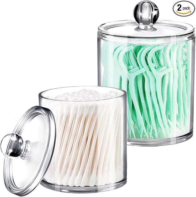 SheeChung 2 Pack(10oz&12oz) Clear Acrylic Qtip Holder Dispenser - Shatterproof Plastic Apothecary Jars for Bathroom Organization - Vanity Storage Canisters for Cotton Swabs,Balls,Pads,Q-Tips