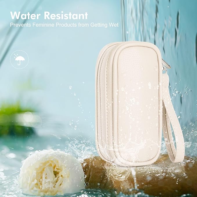 Portable Tampon Organizer Bag, Beige PU Pouch with Handle and Zipper for Women's Period Products