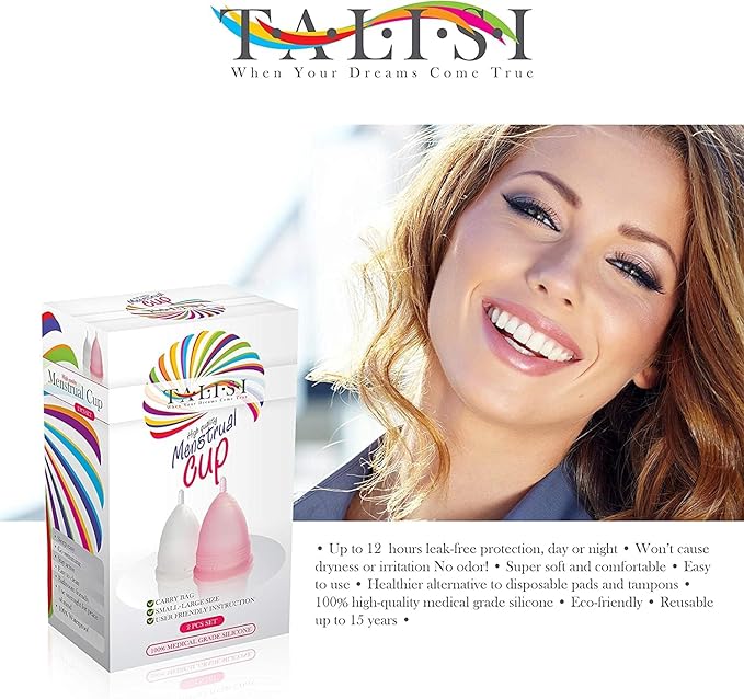 Talisi Menstrual Cups Set of 2 - Reusable Period Kit (Small & Large Sizes) - Super Soft Silicone Regular & Heavy Flow - Feminine Hygiene Products, Tampon & Pad Alternative - Organic Copa Menstrual