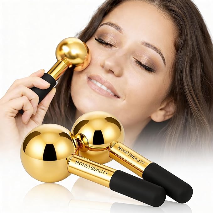 Stainless Steel Ice Globes for Facials (Gold Black Handle), Durable Cryo Globes Instantly Reduce Puffiness, Tighten Pores & Sinus Relief, Face Globes Facial Massages & Daily Beauty Routine