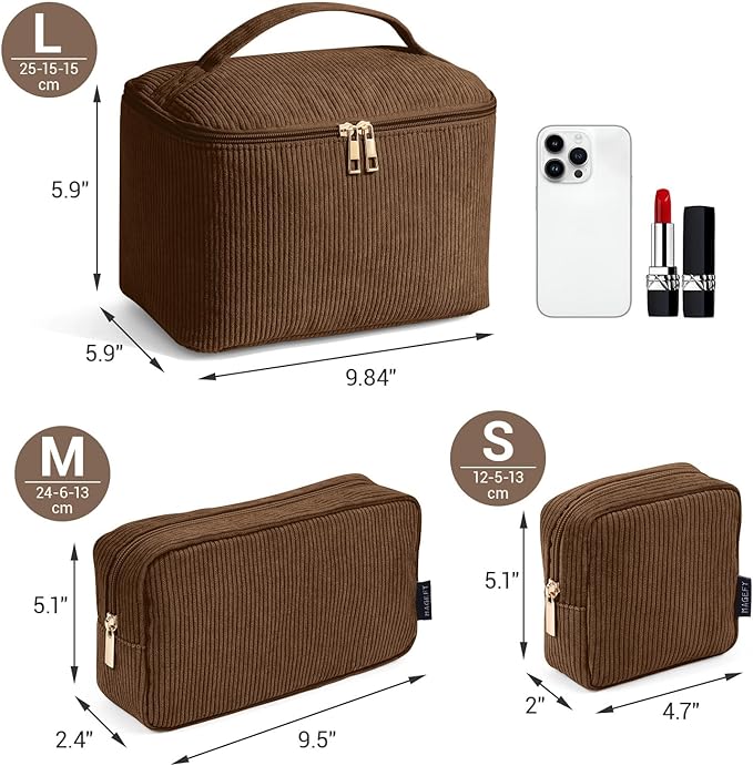 MAGEFY Small Makeup Bag for Purse Mini Cosmetics Bag Corduroy Cute Cosmetic Pouch for Women with Slip-in Pockets