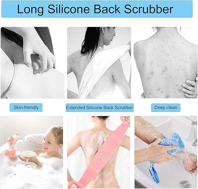 Silicone Back Scrubber Belt (28 inch) Pink – Extra Long-Double-Sided Bath Scrub Strap Gently Massages and Exfoliates Skin - Shower Back Scrubber - Back Washer for Shower Men & Women - Back Exfoliator
