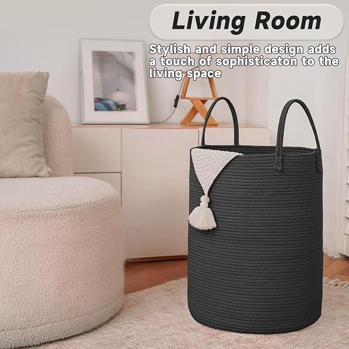 Large Woven Laundry Basket Hamper,100L Cotton Rope Storage Bin for Blankets,Toys and Clothes,Decorative Tall Nursery Hamper for Living Room,Baby Nursery,Bathroom and Bedroom,Black