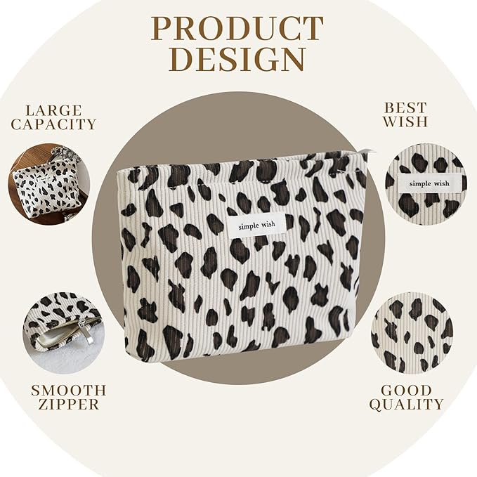 Wudygirl Leopard Makeup Bag Travel Cosmetic Bag for Women Small Makeup Pouch Zipper Cosmetic Pouch Handbag Aesthetic (White Leopard)