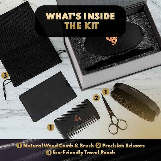 Woden Beard Maintenance Kit - Premium Luxury Black Beard Brush and Comb Gift Set | Mustache and Beard Scissors, Boar Bristle Beard Brush, Fine-Tooth Pearwood Beard Comb, Travel Bag and Gift Box