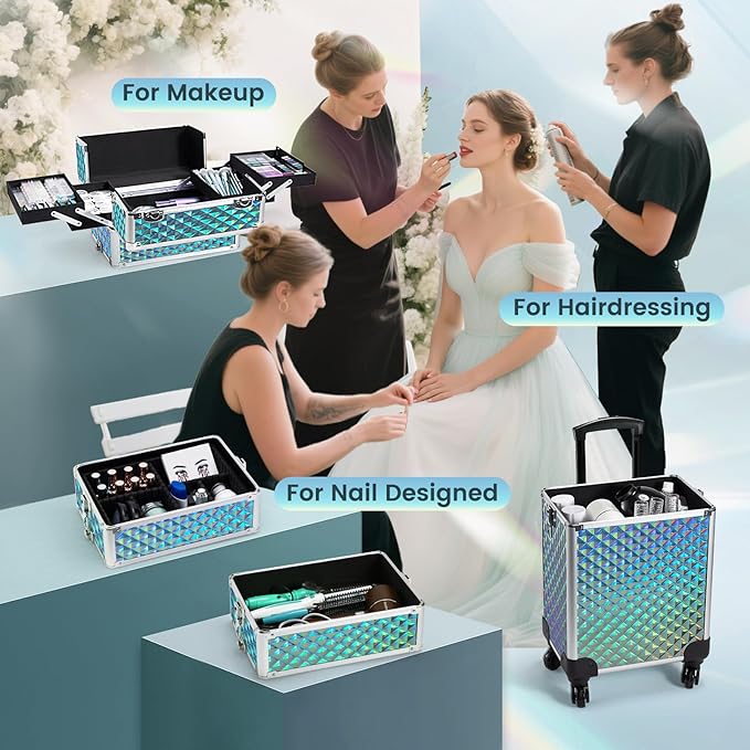 Stagiant Rolling Makeup Case Cosmetology Case on Wheels 4 in 1 Makeup Travel Case Large Cosmetic Organizer Storage with Key Swivel Wheels Nail Artist Salon Traveling Cart Trunk Watery Blue