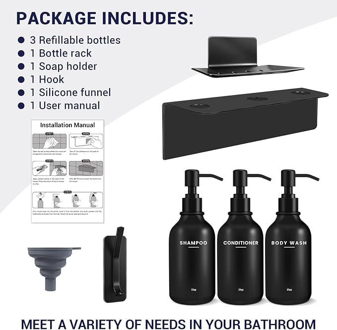 KLL Shampoo and Conditioner Dispenser Set - Wall Mounted Shower Soap Dispenser - 17oz No-Drill Refillable Plastic Pump Bottles for Bathroom - Includes Soap Dish & Hook (Black)