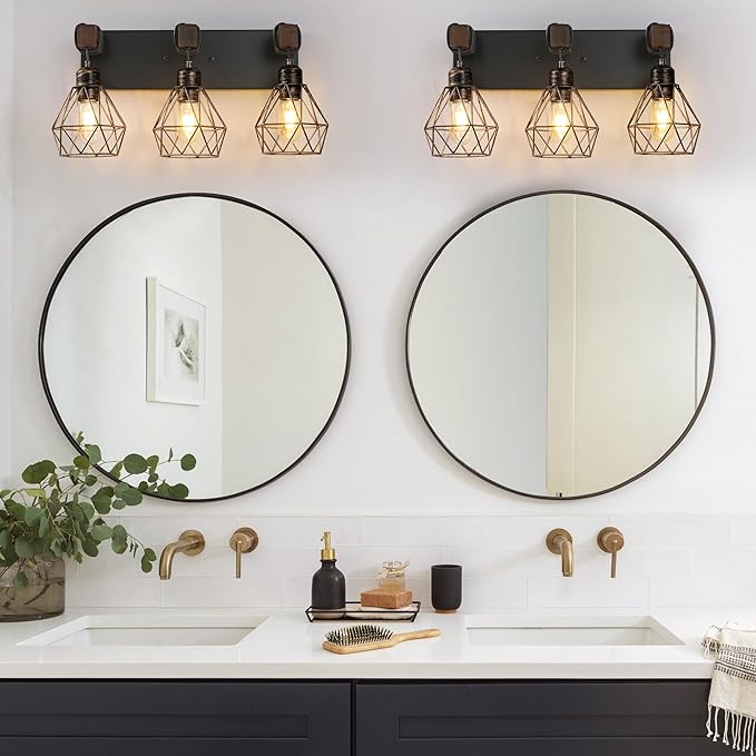 Farmhouse Bathroom Vanity Light Fixtures, 3-Light Black Gold Bathroom Light Fixtures Over Mirror, Rustic Wood Sconces Wall Lighting with Elegant Metal Lampshade for Living Room, Bedroom, Hallway
