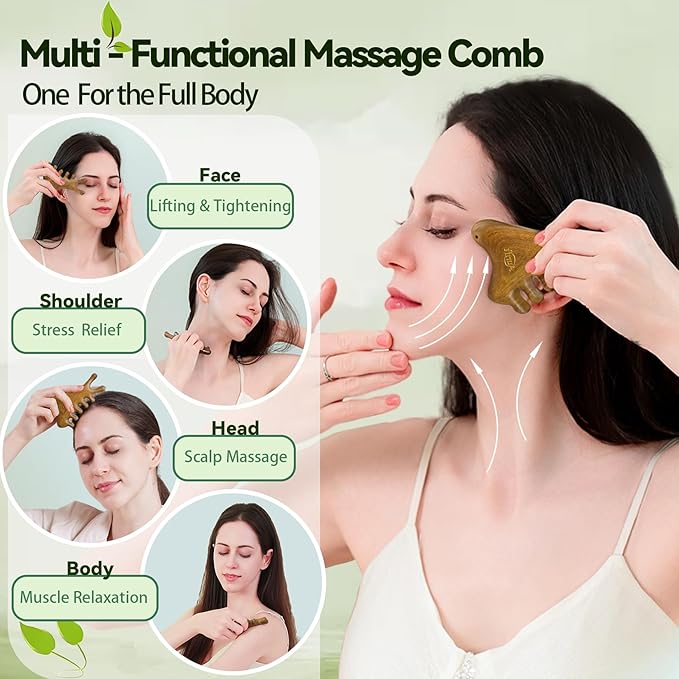 Wooden Gua Sha Facial Tool, Ergonomic Guasha Tool for Face Contour & Jawline Sculpting Massager – Natural Sandalwood Lymphatic Face Massage Tool for Puffiness & Stress Relief, Gift for Women