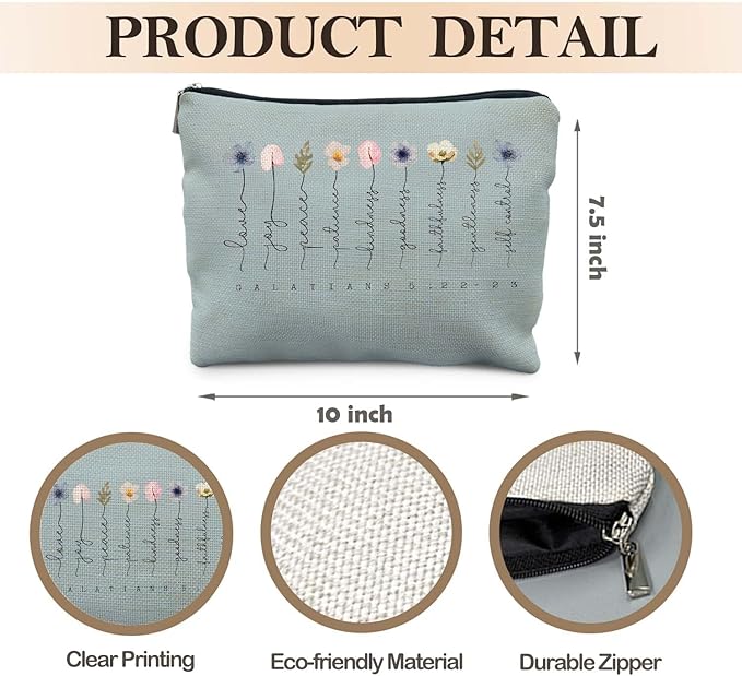 Christian Gifts Makeup Bag, Floral Christian Cosmetic Bags for Women, Galatians 5:22-23 Bible Verse Makeup Pouch, Faith Based Gifts Zipper Pouch(blue)
