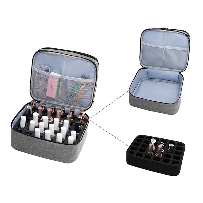 Travel Nail Polish Organizer Double Layer Carrying Case for Fingernail Polish, Holds 30 Bottles with Dividers Portable Large Storage Case for Gel Nail Polish Holder, Grey (BAG ONLY)