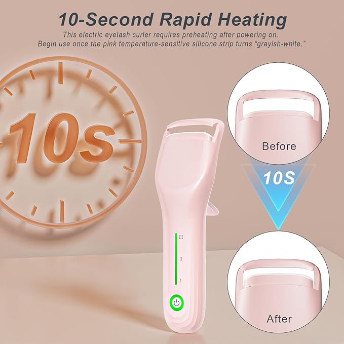 Heated Eyelash Curler, Type-C Rechargeable with 3 Temp Settings & Safe Silicone Pad for Natural Curls, Travel-Friendly (Pink)