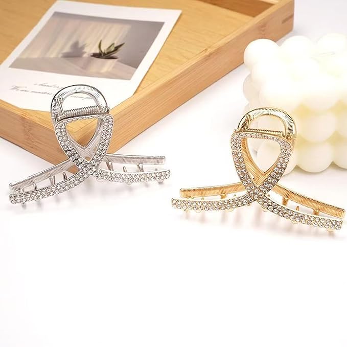 2 Pcs Medium Rhinestone Claw Clips For Women, Gold and Sliver Metal Elegant Hair Clip For Thick Hair, Girls Decorative Sparkly Dressy Hair Clips (Style 1)