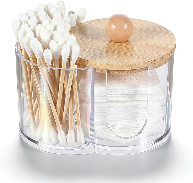 Cotton Round Holder, Dual Compartment Qtip Dispenser with Removable Dustproof Lid, Clear Plastic Cotton Pad Holder, Countertop Cottons Ball Holders Storage Container