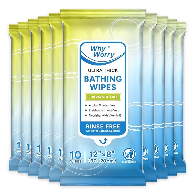 WhyWorry Ultra Thick Bathing Wipes for Adults Rinse Free, Large Body Wipes for Women, Men, Elderly Care & Cleaning, 8" x 12" Disposable Shower Washcloths for Gym & Camping, Unscented, 100 Count