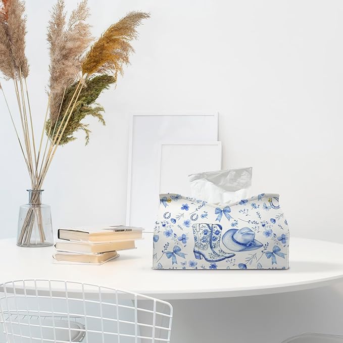 Blue Western Cowgirl Tissue Box Cover Rectangle,Blue and White Floral Toilet Paper Box Holder,Leather Decorative Facial Paper Case for Living Room Bathroom Kitchen Office Desk,9.8x5.9x5.9In
